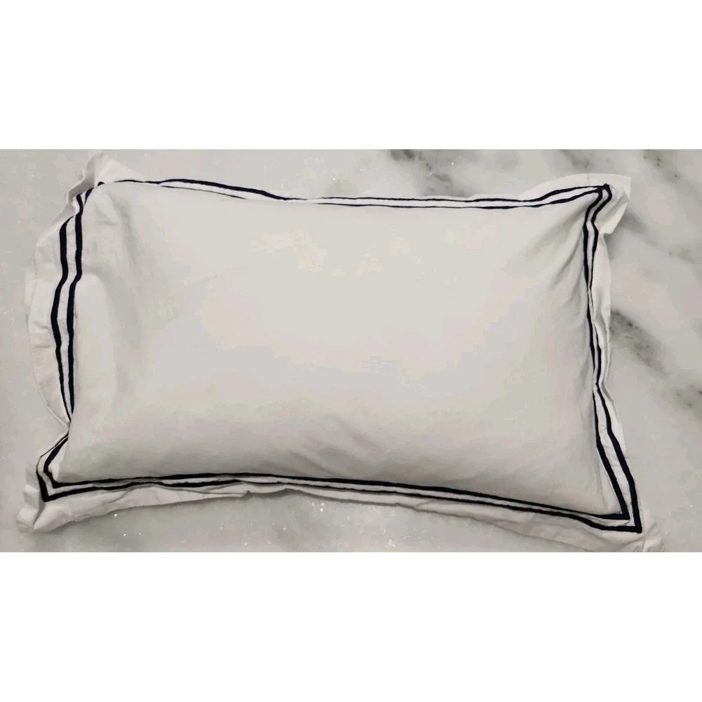 RESTORATION HARDWARE RH 22x15in White Navy Italian Hotel Satin Stitch Boudoir